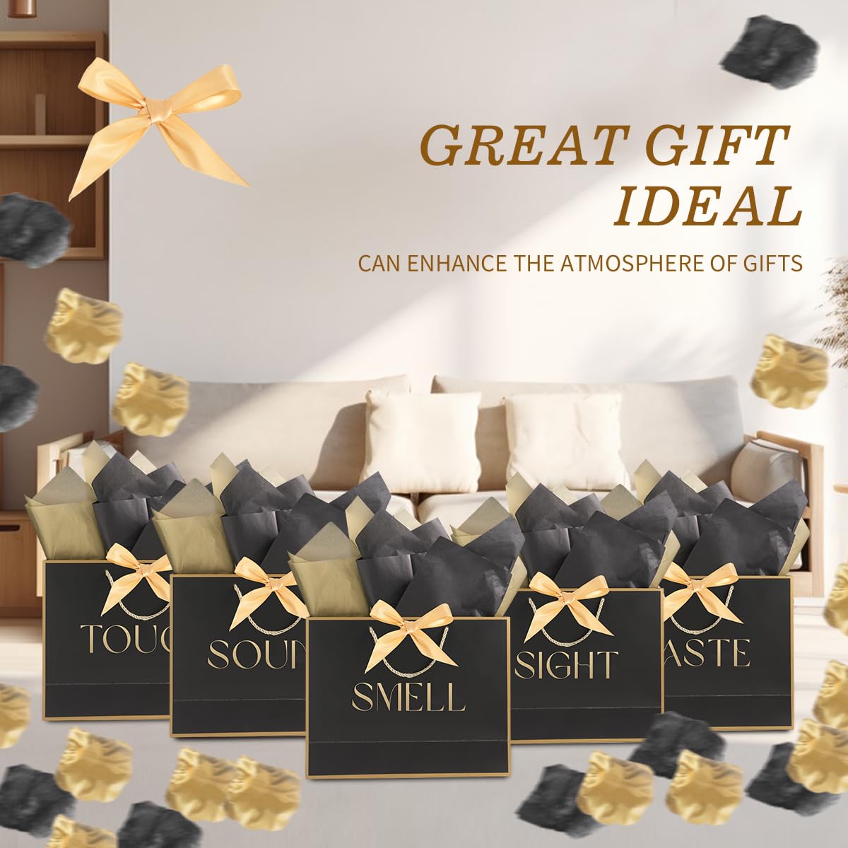 5 Senses Gift Bags for Him Her Five Senses Gift Bags with Ribbon Handles Tissue Paper Petals Black Gift Bag for Birthday Anniversary,Wedding,Valentine's Day