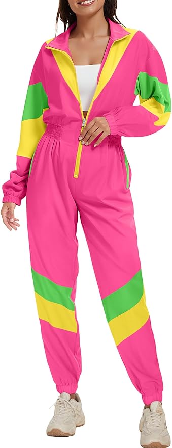 UOUA 80s Outfit for Women 90s Costume Jumpsuits Long Sleeves Windbreaker One Piece Party Tracksuit
