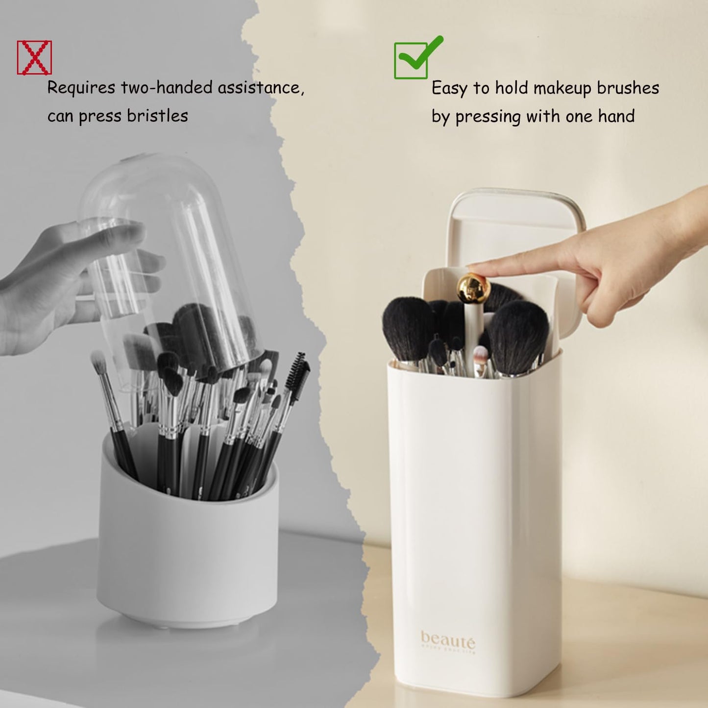 Makeup Brush Holder with Lid, Automatic Lifting Waterproof Dustproof Makeup Brushes Organizer for Vanity Desktop Bathroom Counte