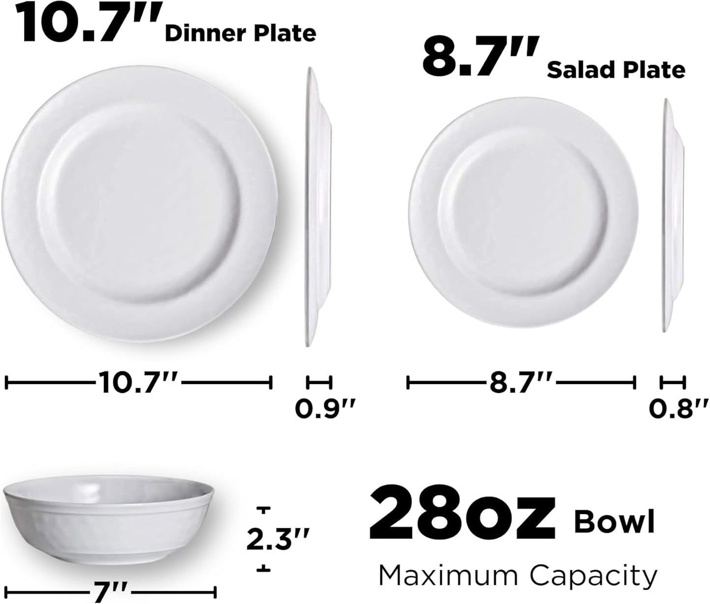 TP 12-Piece Dinnerware Set, Melamine Dishes Set with Bowls and Plates, Non-breakable and Lightweight Dinner Service for 4, White