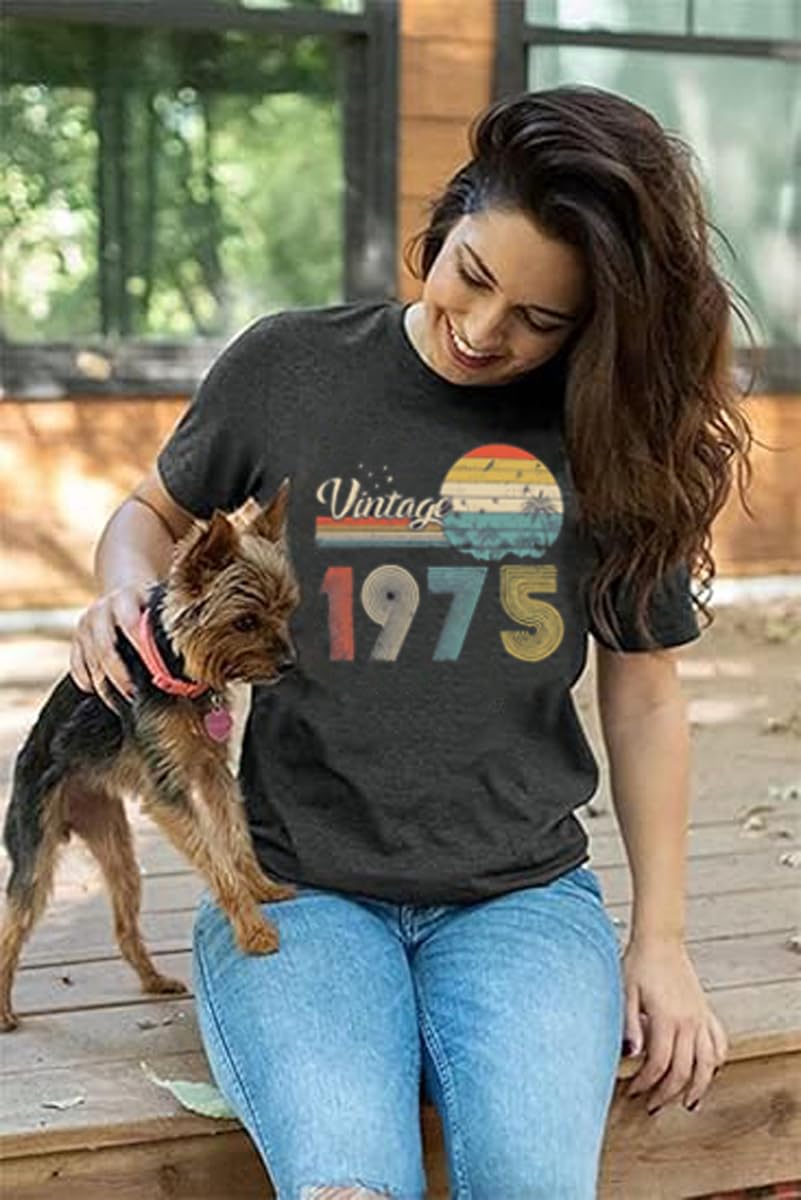 50th Birthday Gift for Women Vintage 1975 Shirts Letter Print Retro Birthday Tops Casual Short Sleeve Tee (US, Alpha, Medium, Regular, Regular, 1975 Dark Gray 3)