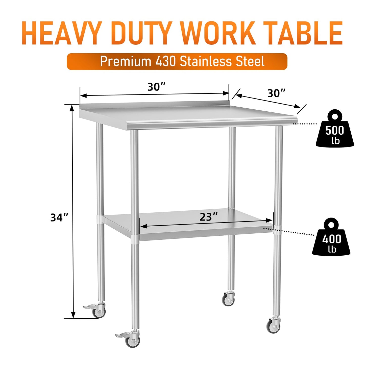 HOCCOT Stainless Steel Prep Table 30" X 30" with Adjustable Undershelf, Backsplash and Wheels, Commercial Metal Workstations for Kitchen, Garage, Outdoor BBQ