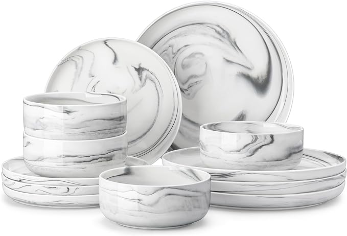 MALACASA Plates and Bowls Sets, 12 Pieces Porcelain Dinnerware Sets Dishware Sets Chip Resistant Ceramic Dish Set Dining Dinner Ware Service for 4, Marble Grey, Series LUNA