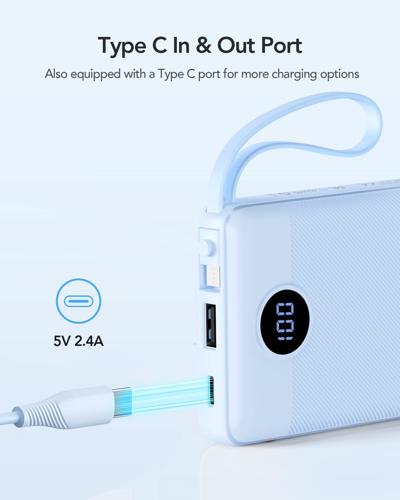 VRURC 10000mAh Power Bank Built-in Cables, Portable Charger with LED Display, Slim Travel Battery Pack with Cords, 5 Output Dual Input Phone Charger for Cell Phone Smart Devcies-Blue(1 Pack)