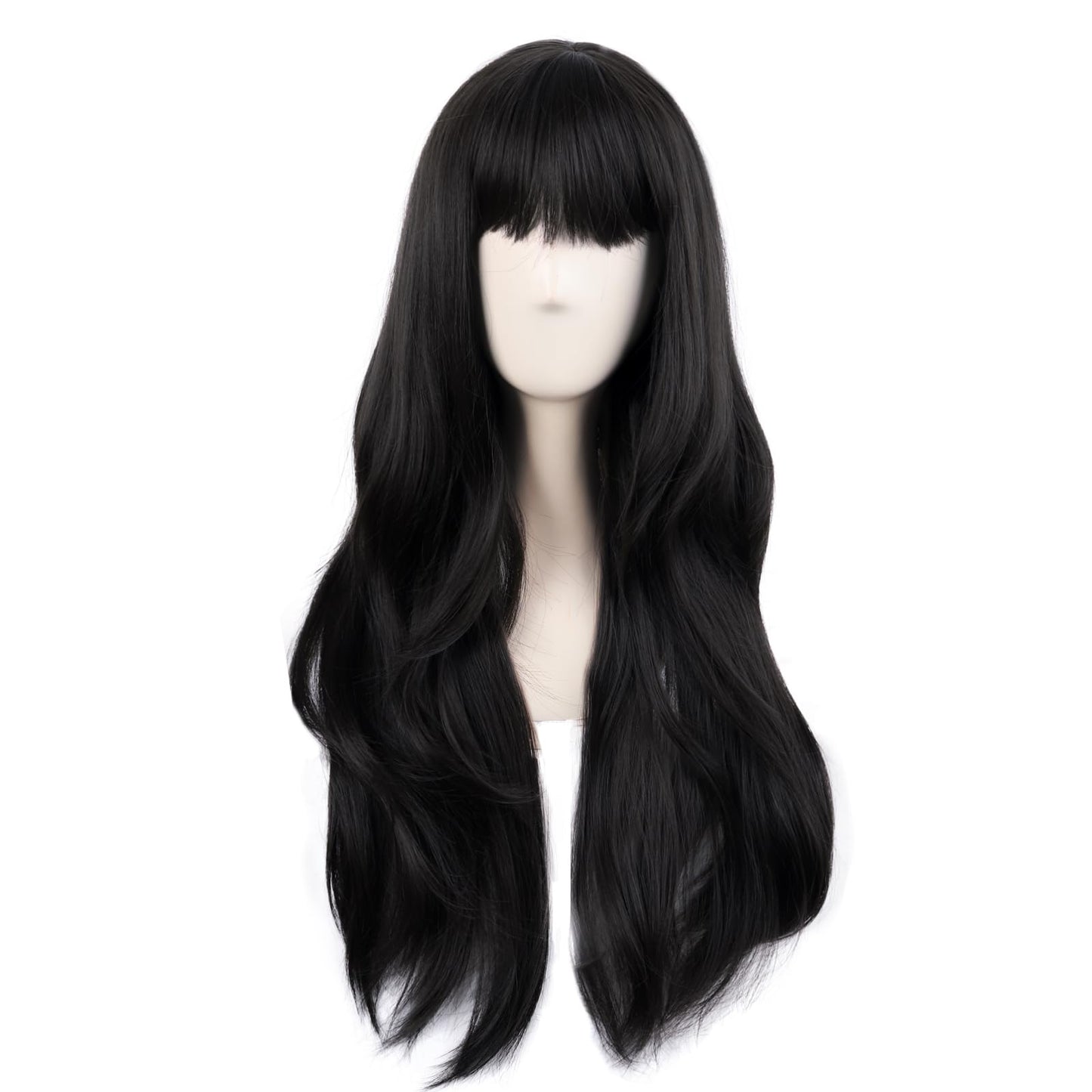 MapofBeauty 28 Inch/70 cm Long Curtain Bangs Synthetic Fiber Wavy Curly Heat Resistant Cosplay Party Wig (Black)