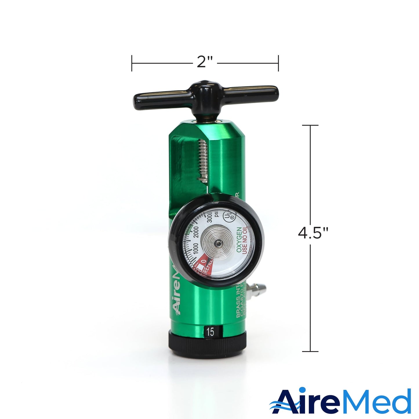 AireMed Oxygen Regulator 0-15LPM, CGA-870 Gauge Flow Rate – Includes Wrench Key, 5 Brass Yoke Washer Seals, and 2 Oxygen Tubing Swivel Connectors - Ergonomic Handle Design – Green