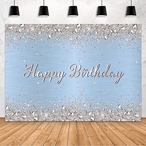 MEHOFOND 7x5ft Glitter Light Blue Birthday Party Decorations Backdrop Shinning Silver Diamond Happy Birthday Decor Photogr...
