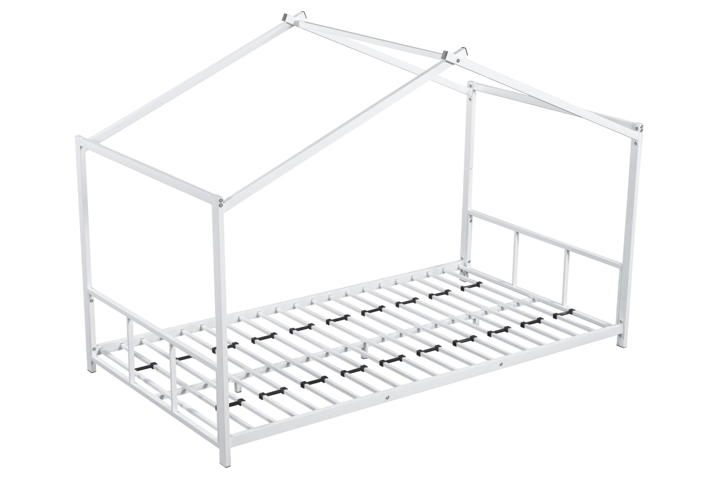 LINKHOO Twin Size Montessori Floor Bed with Roof, Metal House Bed with Soundproofing Slat Locking and Footboard for Boys and Girls, Easy to Assemble, No Box Spring Needed, White