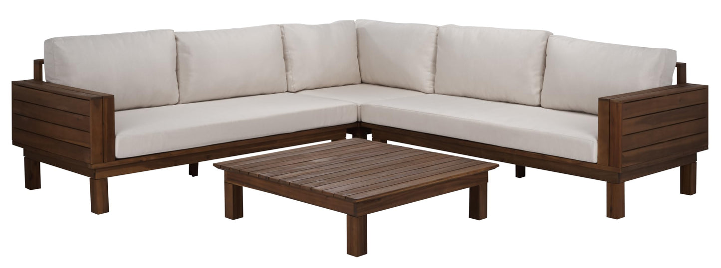 SAFAVIEH Outdoor Patio Furniture Collection - Napoli Teak Brown & Cream Solid Wood 4-Piece Sectional Sofa Set with Coffee Table, Durable Cushions, Modern Outdoor Seating (PAT6806A)