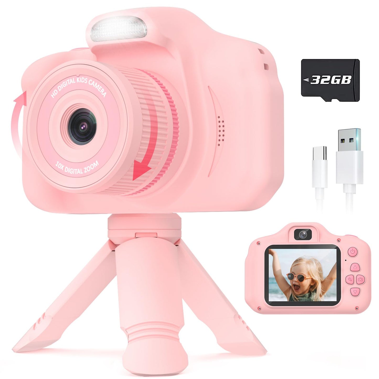 Seckton Upgrade Kids Selfie Camera, Birthday Gifts for 5 6 7 8 9 10 Year Old Girls, HD Digital Cameras for Kids with Flash, 2.4" Portable Camera Toys for 3-12 Year Old Girls-Pink