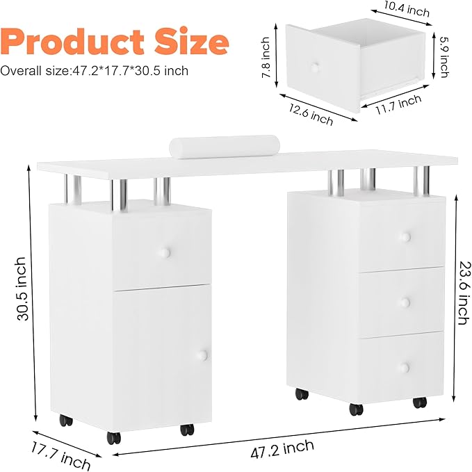 Manicure Table Nail Station 47 inch Nail Desk for Nail Tech with Drawers/Wrist Pad/Lockable Wheels Salon Spa Beauty Bar Technician,White