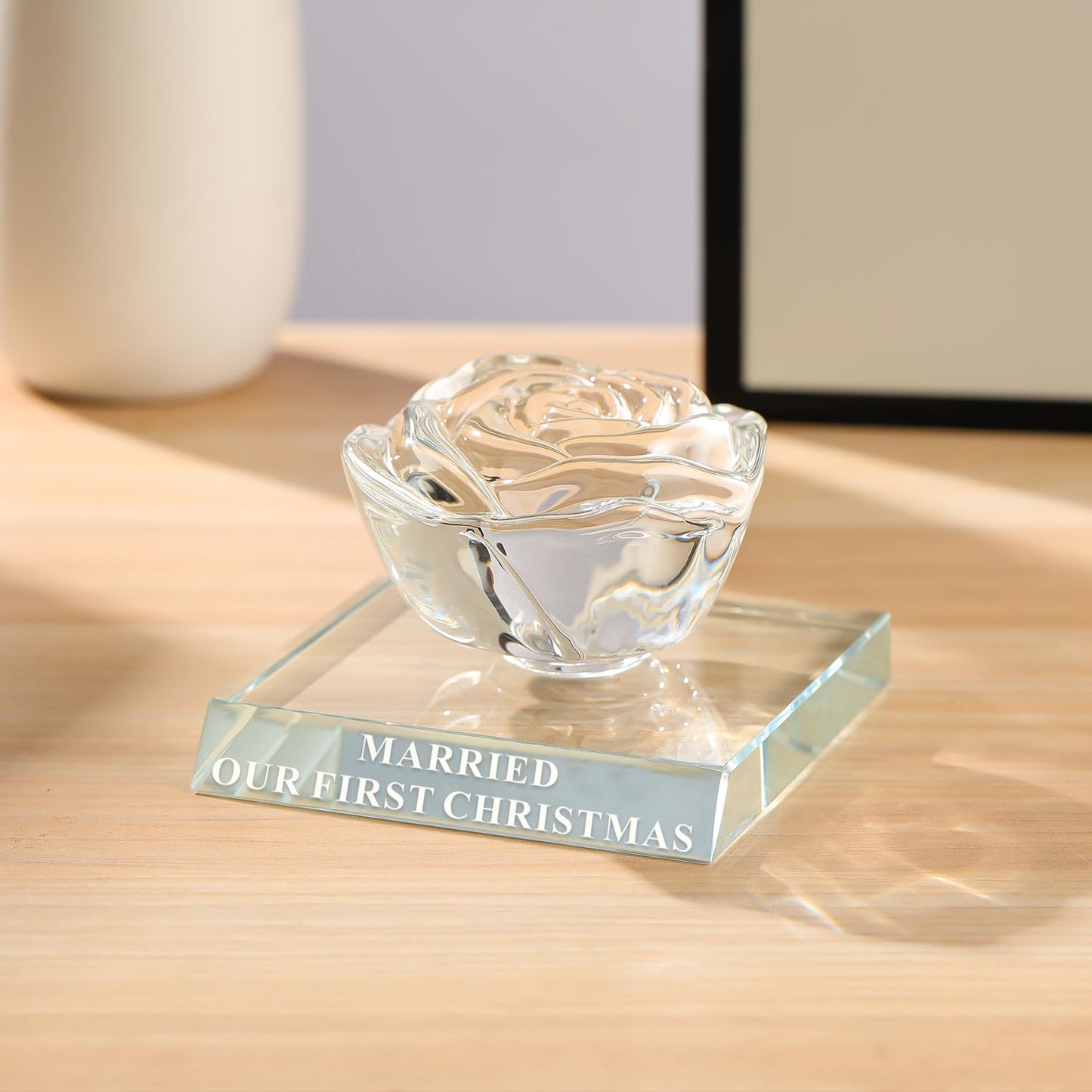 JOASURA Christmas Wedding Gifts for Couples-Crystal Rose, Mr & Mrs Wedding Gift, Best Decoration Memorial Gift for Bride & Groom (Our First Christmas Married）