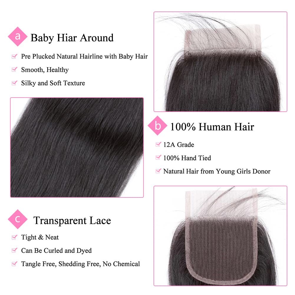 12A Brazilian Straight 4x4 HD Lace Closure Free Part Hand Tied Transparent HD Lace Closure 100% Unprocessed Human Hair Transpare