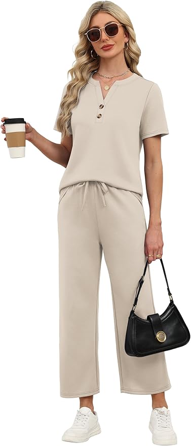 OFEEFAN 2 Piece Sets for Women Spring Fashion Beach Vacation Cruise Outfit Dressy Casual Wide Leg Crop Pants Resort Wear