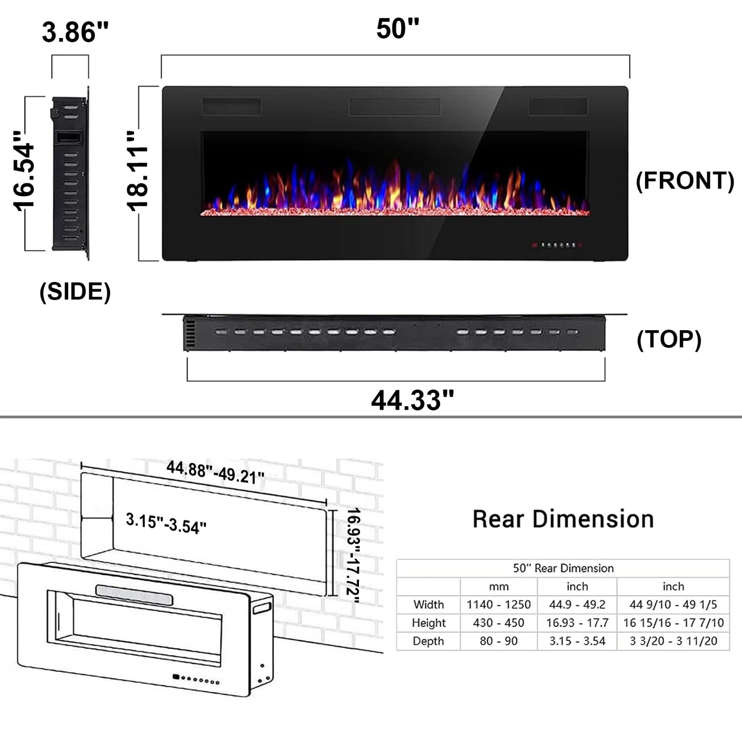 Joy Pebble 50 Inch Electric Fireplace Inserts, in-Wall Recessed and Wall Mounted 750/1500W Fireplace Heater, Touch Screen, Remote Control with Timer, Adjustable Flame Color and Speed