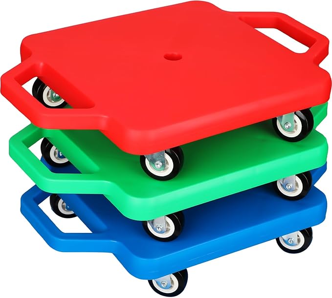 Jerify 3 Pieces Sports Scooter Board Bulk with Handles Gym Floor Scooter for Kids Children Plastic Roller Floor Sitting Board Indoor Outdoor Activities Play Equipment, 11 x 11 inch