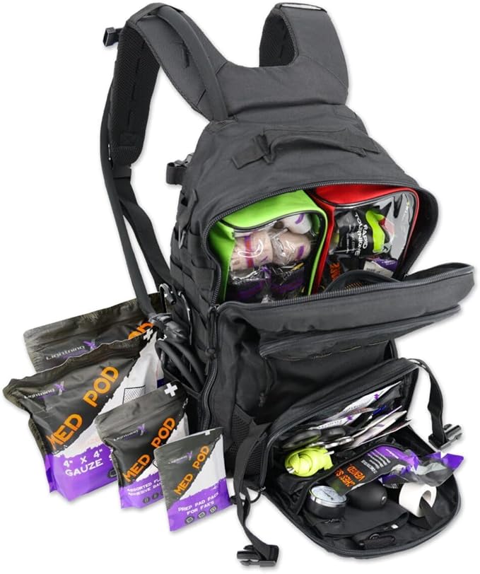 Lightning X Stocked Modular Trauma & Bleeding First Aid Responder Medical Backpack + Kit + Hydration Bladder - BLACK