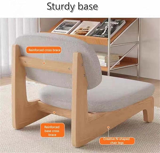 Solid Wood Floor Chair Without Arms, Meditation Chair with Back Support and Cushioned, Low Chair for Living Room, Balcony or Bay Window