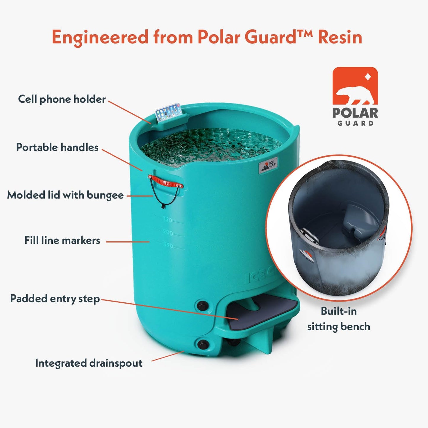 Ice Cap Cold Plunge Tub - Vertical Ice Bath for Athletes, Cold Water Therapy & Recovery, Space-Saving Design, Built-in Step & Bench, 3/4" Chiller & Drainage Ports, Made in USA (Polar)