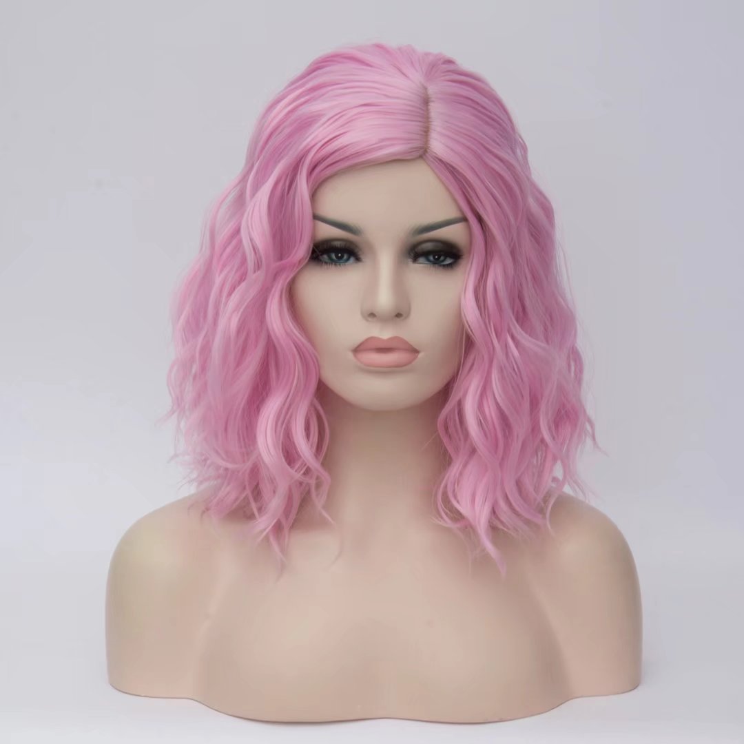 BUFASHION 14 Women Short Light Pink Kinky Straight Cosplay Synthetic Wigs With Air Bangs 46 Colors Available (Light Pink)