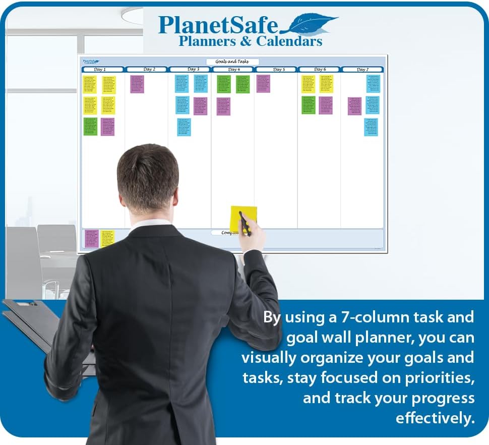 Sky Blue 7-Column Task, Goals & Objective Wall Horizontal Organizer 24" x 36". Complete with Marker