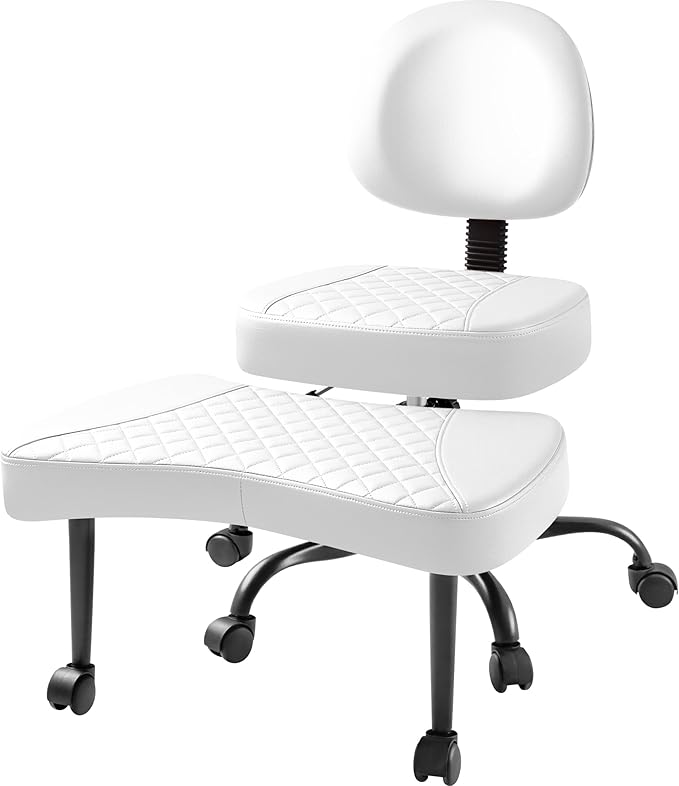 Furmax Ergonomic Criss Cross Legged Office Chair with Wheels, 360°Swivel Adjustable Height Kneeling Desk Chair with Footrest for ADHD, Yoga, Meditation, Home Office (Leather, White)