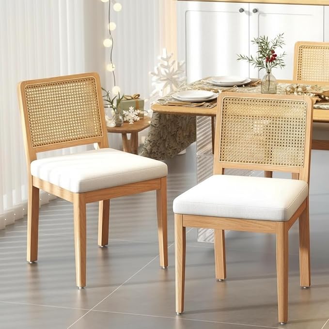 LukeAlon Modern Dining Chairs Set of 4 Farmhouse Kitchen Chairs with Woven Cane Back, Soft Chenille Upholstered Seat, Solid Wood Legs for Dining Room, Breakfast Nook, Comfortable & Stylish, White