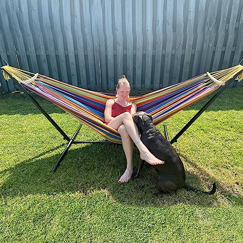 SZHLUX Double Hammock with Stand Included 450lb Capacity Steel Stand, Premium Carry Bag Included.Indoor Outdoor Brazilian-...