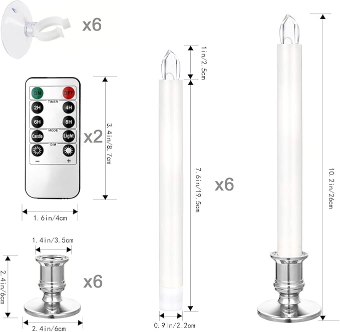 YAUNGEL Window Candles, 6 Pack LED Battery Operated Christmas Candles for Windows with Remote Electric Candle Lights with Removable Candle Holders Suction Cups for Christmas Decorations, Silver
