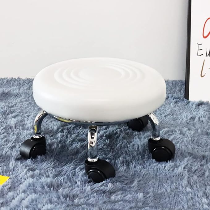 WKWKER Modern Roller Seat PU Leather Foot Stool Low Round Rolling Stool 360° Step Stool Swivel Small Seat with Universal Wheels for Home Office Garage Shop Fitness Sport H：8.4" （White）