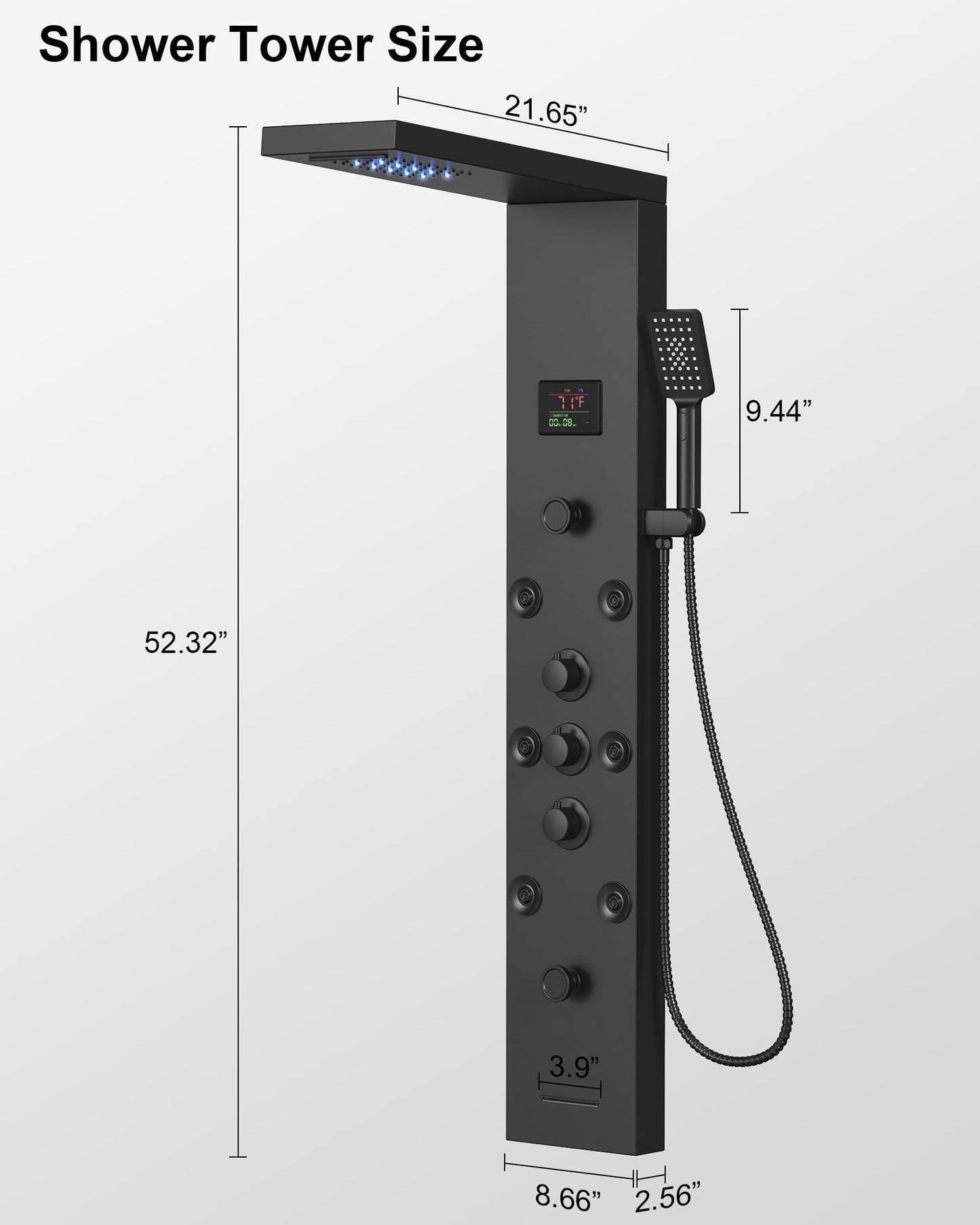 5 In 1 Shower Panel Tower System LED Rain Waterfall Shower Head and Adjustable Massage Body Jets 3 Settings Handheld Head and Tub Spout Stainless Steel Bathroom Panel Matte Black by Homevacious