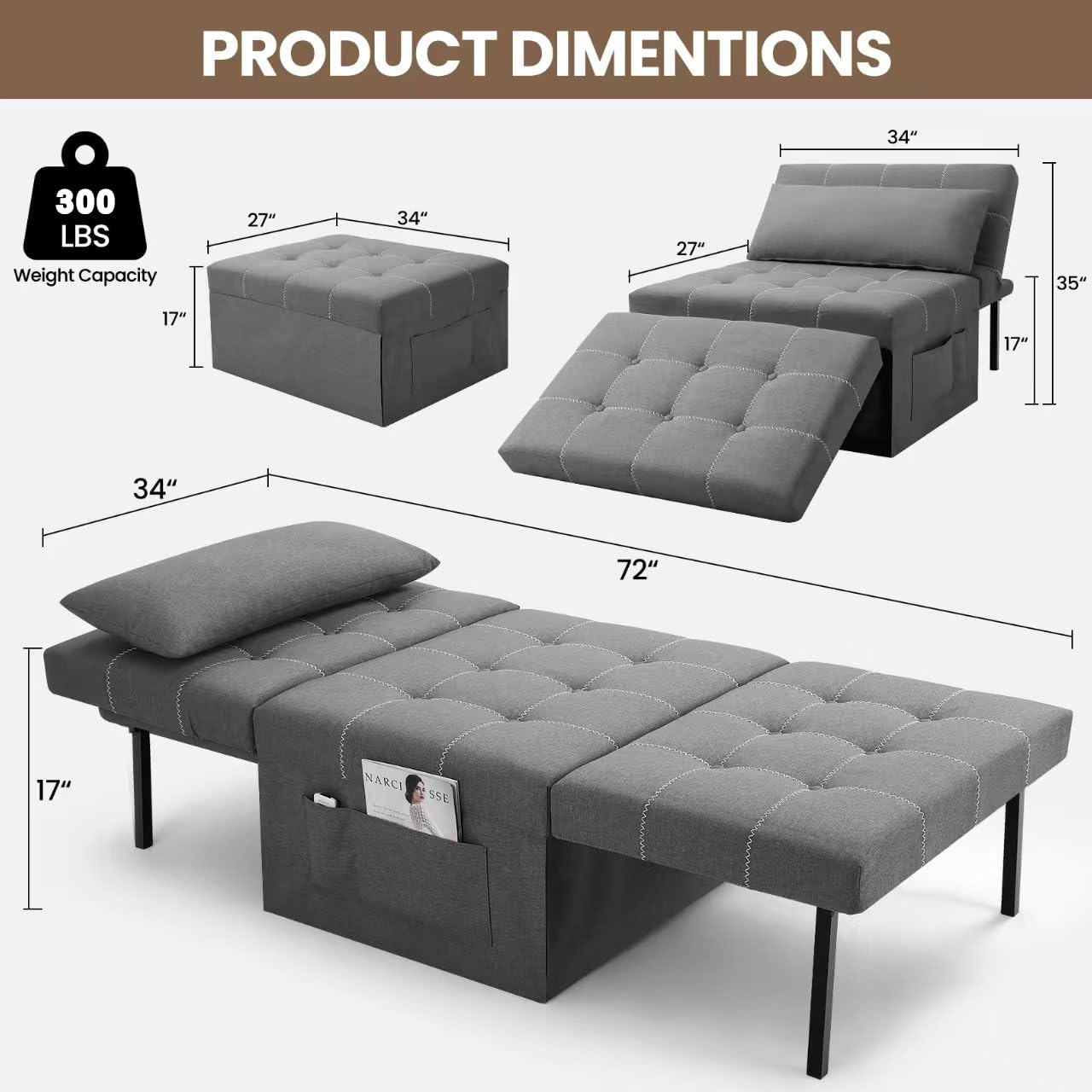 SEJOV 34'' Width Convertible Sleeper Chair, 4 in 1 Multi-Function Folding Ottoman Bed w/Adjustable Backrest & Pillow, Modern Large Single Recliner Assembly-Free Sofa Bed for Small Spaces, Dark Gray