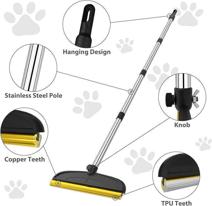 BALORAY Carpet Rake for Pet Hair Removal: 60" Adjustable Long Handle Pet Hair Removel Tool, 2 in 1 TPU and Copper Pet Hair Remover Broom, Reusable Cat Dog Hair Remover Carpet Scraper (Black)