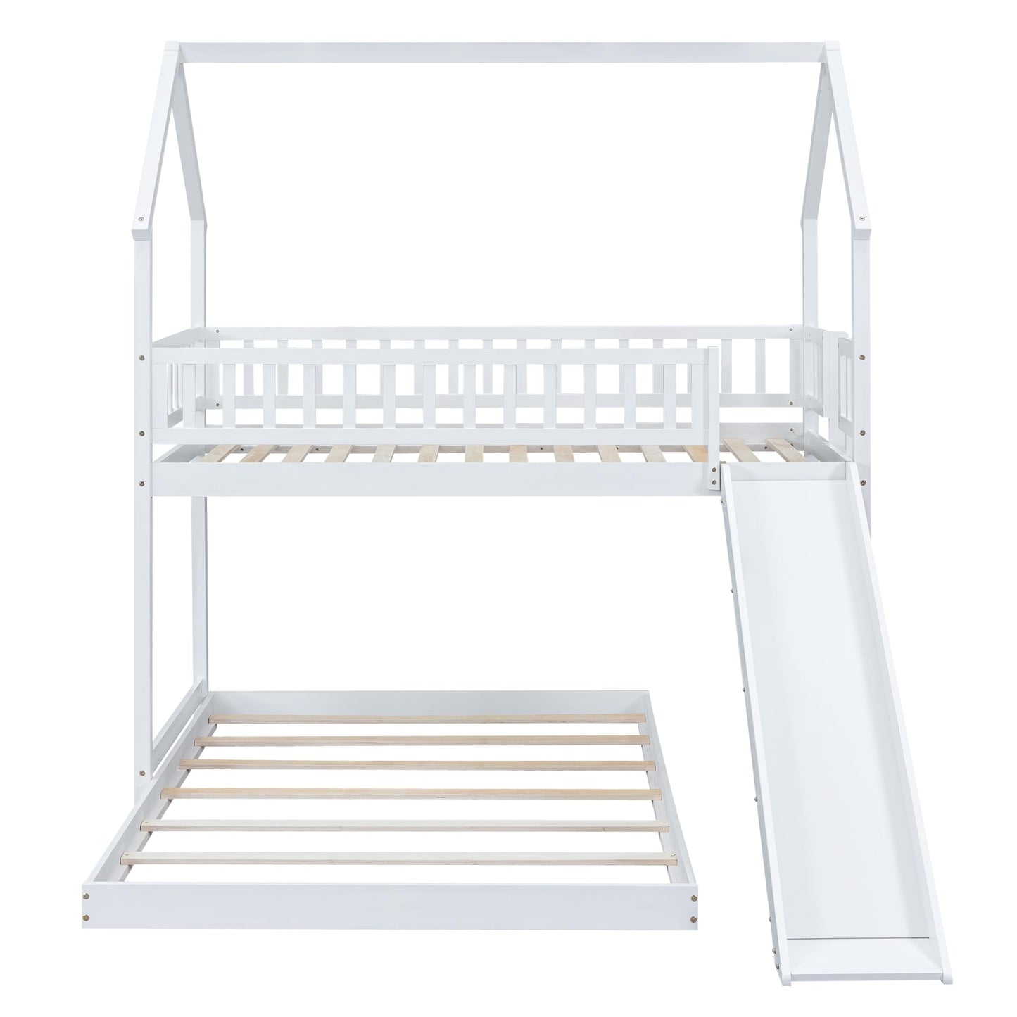 SOFTSEA Wooden House Bunk Bed with Slide and Built-in Ladder, Twin Over Full Wooden Bunk Bed Frame with Full-Length Guardrail, for Girls Boys Bedroom, No Box Spring Needed, White