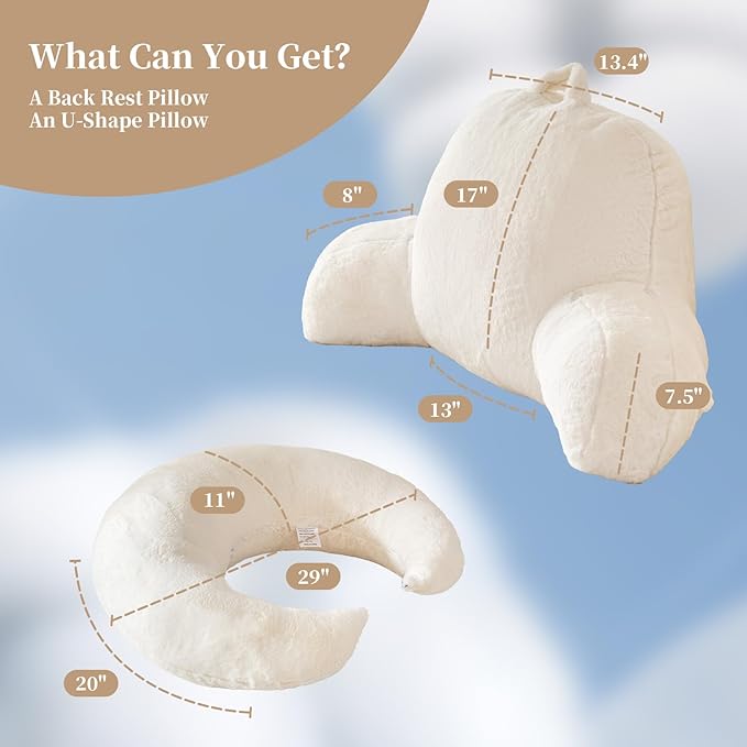 PAJEO Reading Pillow for Bed,U Shaped & Back Support Pillow for Bed,19" Backrest with Lumbar & Arm Support,Luxurious Faux Rabbit Fur,Gaming PillowFor Crochet/Reading/Watching TV,White