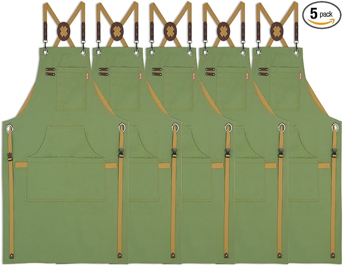 5 Pack Kitchen Apron, Work Apron, Canvas, Multiple Pockets, Gardening, Painting, BBQ, Artist, Carpenter, Sizes M to XXL, Olive