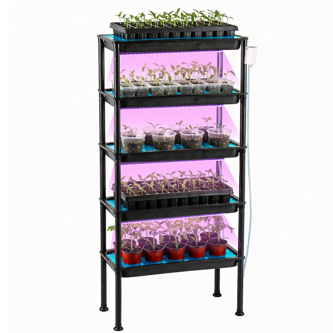 RooTrimmer 5-Tier Hydroponics Growing System, Plant Stand with Grow Lights & Pump - Ebb and Flow Seedbeds, Siphoning Watering, Designed for Nursery Cell Trays, Plant Pots