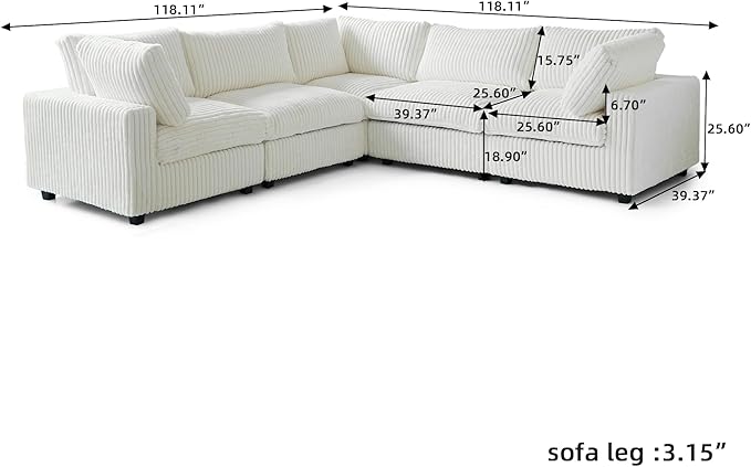 WJShome Cloud Couch Modular Sectional Sofa,118" Oversized 5 Seater Convertible Sofa,V Shaped Plush Couch for Living Room,Comfy Wide Seat Couches,Covers Washable&Replaceable-White
