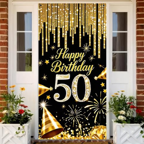 HOMETITUTE 50th Birthday Door Cover 71x35 Inch Black and Gold Birthday Banner for Party Decorations Diamond Number Backdro...