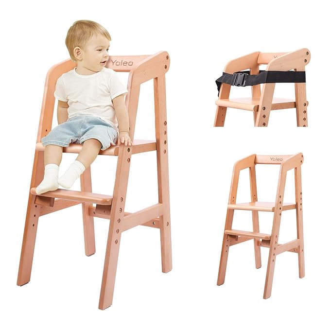 YOLEO High Chair Wooden for Toddlers Junior Childs, Sturdy Durable Dining Feeding Chair with Steps Grows with Child, Max 6...