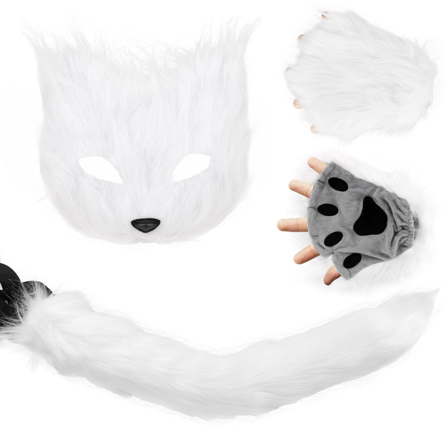 Jaciya Faux Furry Mask and Tail Set Halloween Costume Set for Women Fox Mask Wolf Tail Animal Party Costume-White
