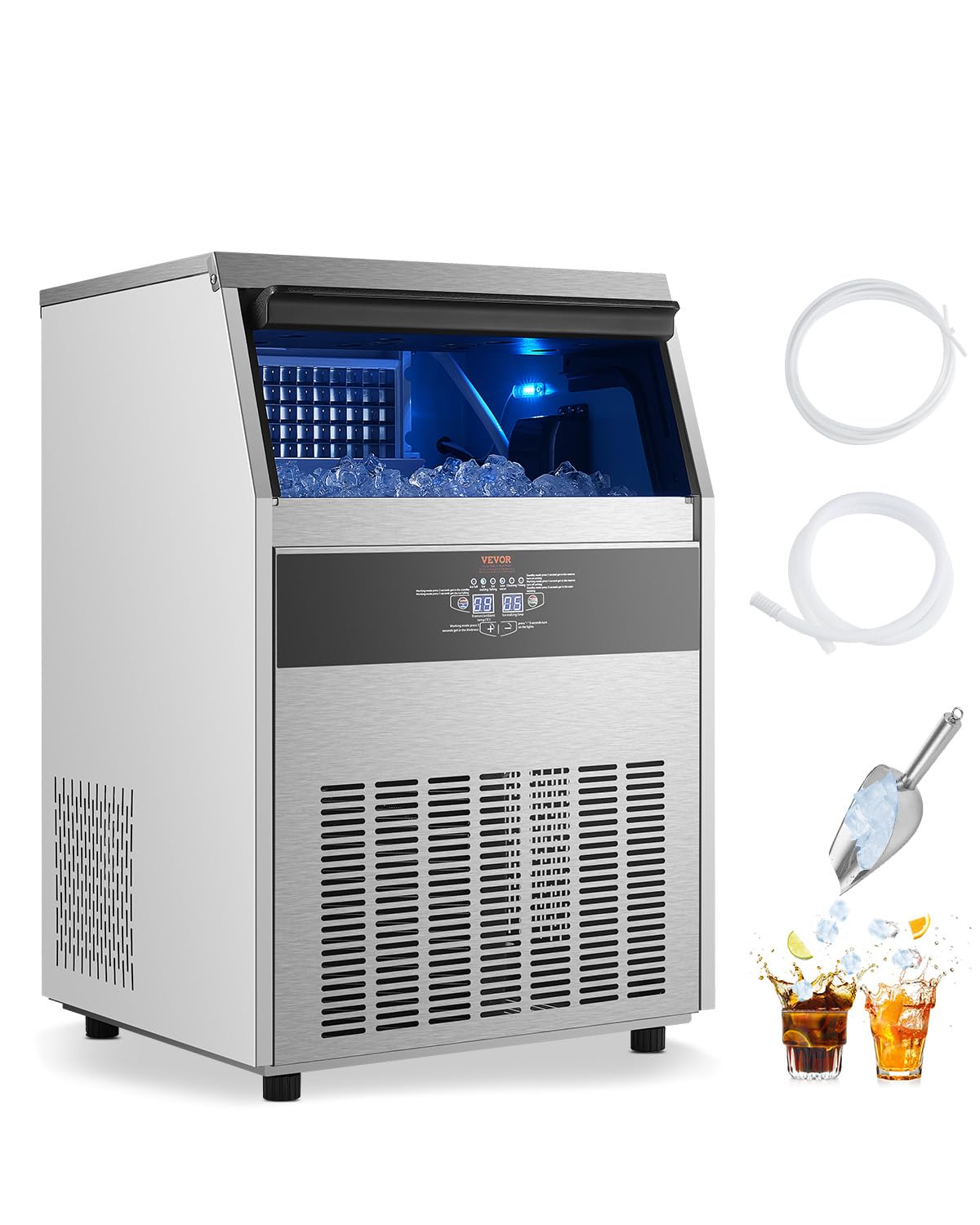 VEVOR 265lbs/24H Commercial Ice Maker, 108 Ice Cubes in 15 Minutes, Freestanding Ice Maker Machine with 66lbs Large Storage Capacity for Bar Office Restaurant, with LED Digital Display & Self-Cleaning