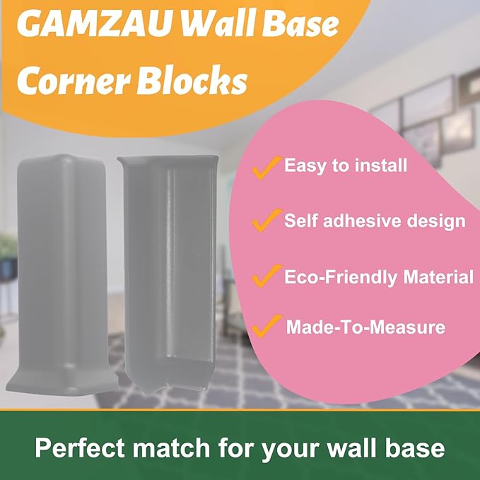 GAMZAU Baseboard Corner Blocks 4inch Height, Self Adhesive 3 Inside + 3 Outside Corners-Connector Between The Cove Base Wall Base Rubber Moulding Trim, Perfect Match for Our S100 Baseboard(Gray)