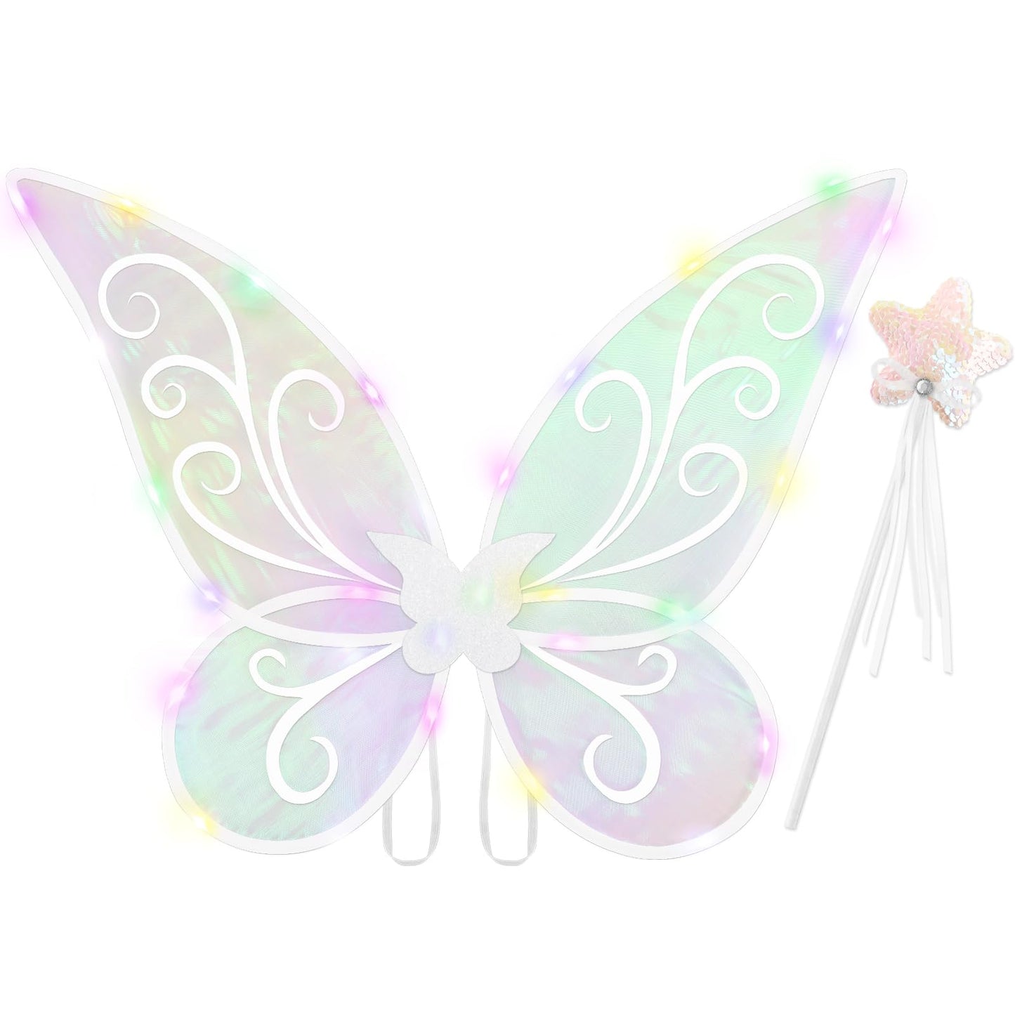 Light up Fairy Wings for Adults, LED Butterfly Wings for Girls, Sparkle Halloween Fairy Costume Angel Wing with Fairy Wand Dress up Cosplay White
