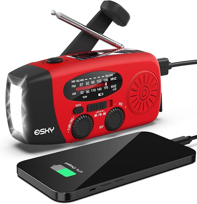 Esky Emergency Hand Crank Radio 7400mWh with 3 LED Flashlight, AM/FM/NOAA Portable Weather Radio with Power Bank Phone Cha...