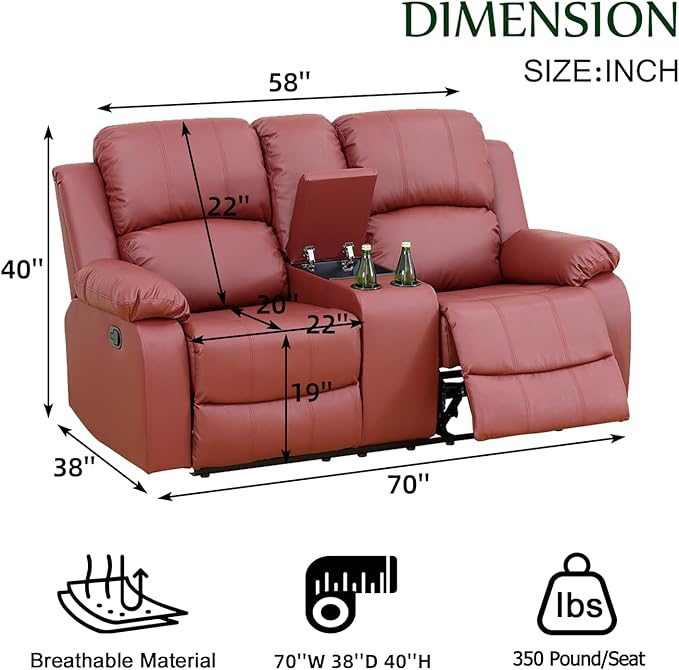 Caberryne Leather Recliner Sofa，Reclining Sofa Set for Living Room Furniture Sets，Red Double Recliner Loveseat for Living Room/Office/Theater Seating/Rv(2 Seater Couch)