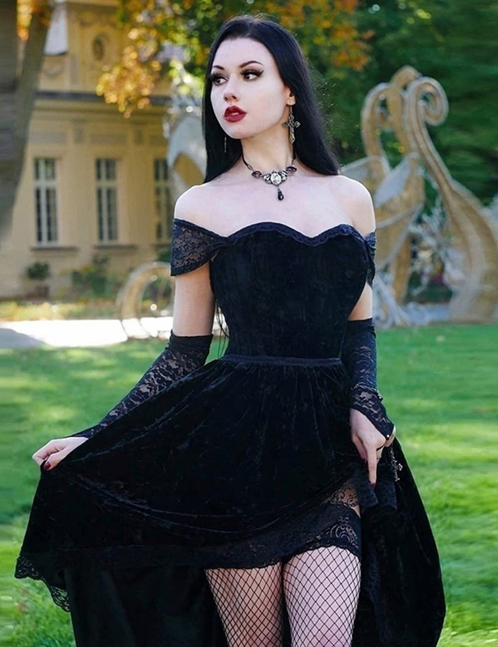 LANSHULAN Gothic Clothes Dress,Lace Mini Sleeveless Lace Draped Bodycon Goth Vintage Dresses Without Gloves Black