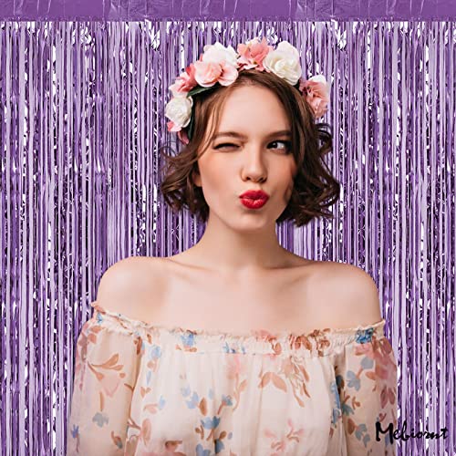 4 Pack Light Purple Fringe Curtain Backdrop, 3.2Ft x 6.6Ft Metallic Tinsel Foil Fringe Streamers Curtains Background for P...