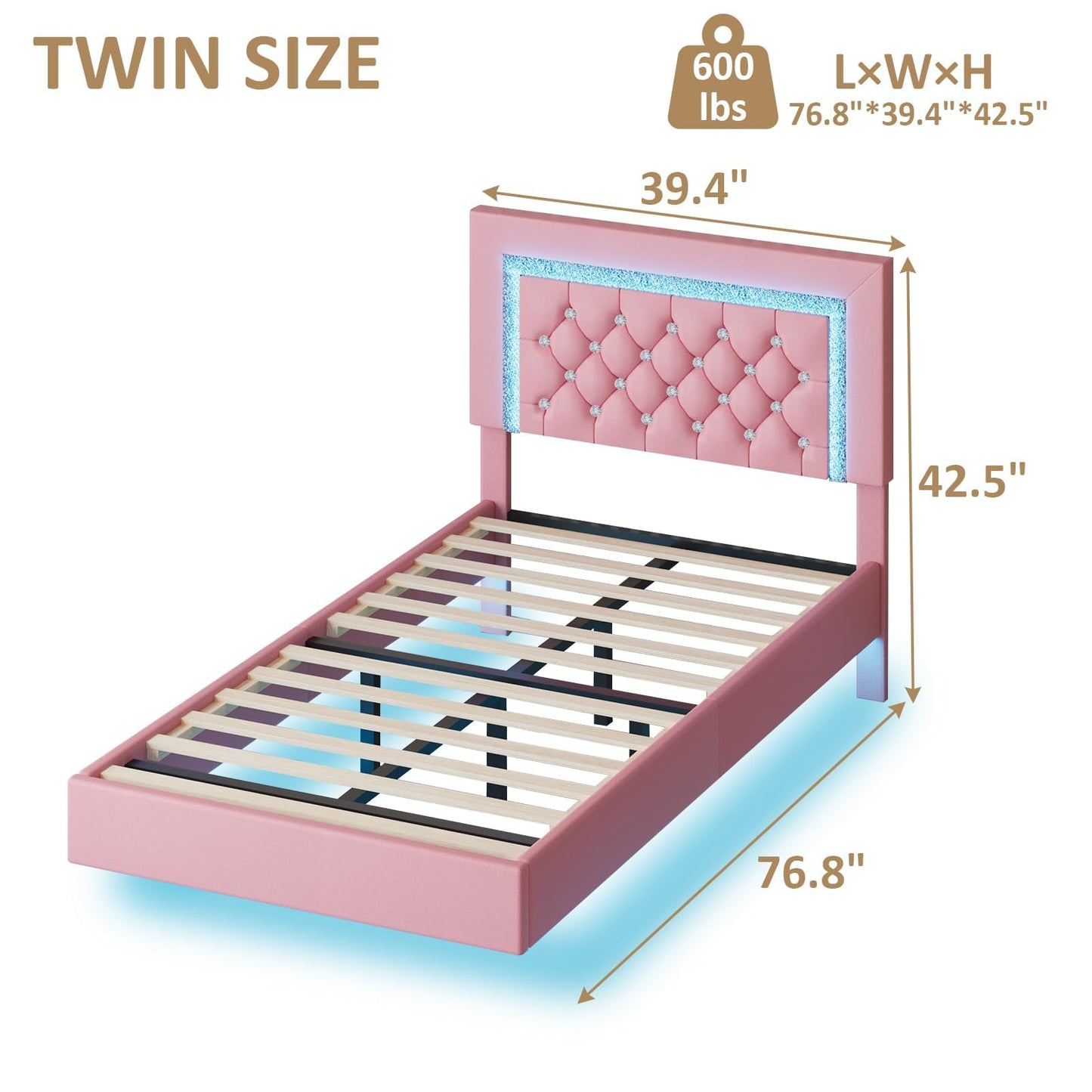 Pink Floating Bed Frame Twin with LED Lights, Upholstered Platform Bed with Diamond Tufted Headboard, No Box Spring Needed, Noise Free, Easy Assembly