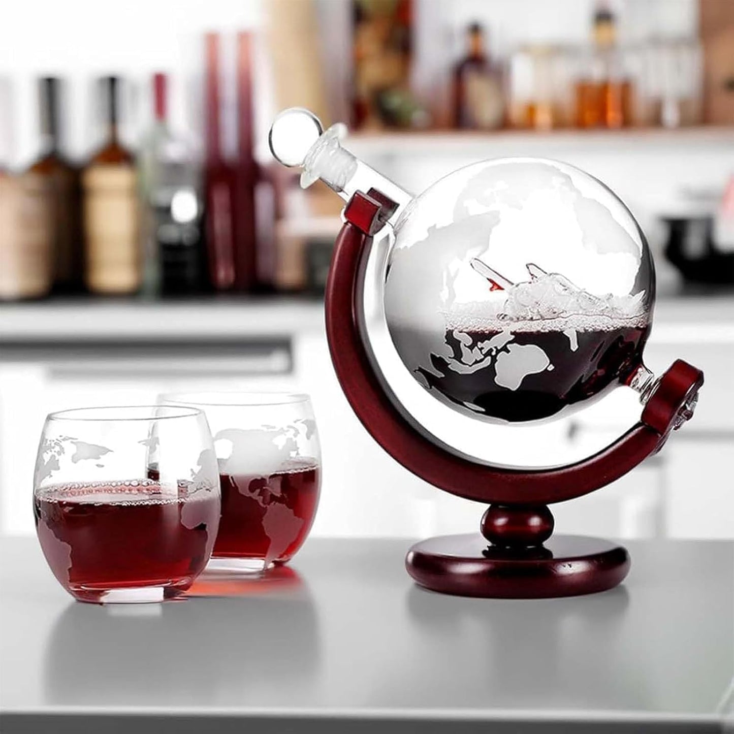 FWTBOOM Whiskey Globe Decanter Set, with 2 Etched Whiskey Glasses, 4 Ice Cubes, Tong & Funnel, Decanter for Liquor, Bourbon, Scotch, Whisky Gifts for Men Husband Boyfriend Dad, 1000ML